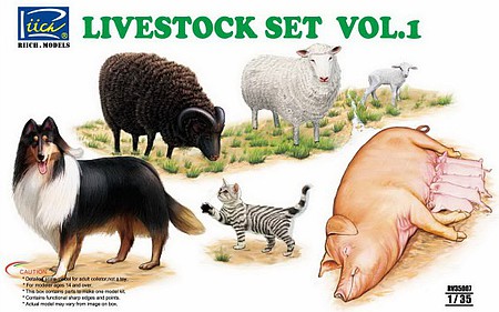 Riich 1/35 Livestock Set Vol.1- Sheep, Ram, Pigs w/Piglets, Dog, Cat