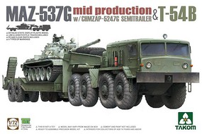 Takom MAZ-537G Truck w/ CHMZAP-5247G Trailer & T-54B Tank Plastic Model Military Vehicle 1/72 #5013