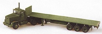 Trident M915 Conventional Tractor w/M872 Flatbed Trailer Green HO Scale Model Roadway Vehicle #90028