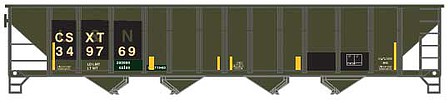 Trainworx 100-Ton 4-Bay (Quad) Hopper with Coal Load - Ready to Run CSX 343084 (Restencilled L&N, black, yellow, yellow Conspicuity Marks) - N-Scale