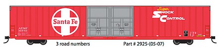 Trainworx Thrall 86 Hi-Cube Double-Door Auto Parts Boxcar - Ready to Run Santa Fe #36753 (red, white, Large Logo, Super Shock Control Logo) - N-Scale