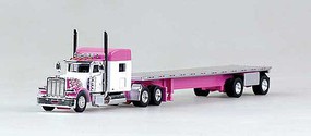Trucks-N-Stuff Peterbilt 389 Tractor with 48' Spread-Axle Flatbed Trailer Assembled White, Pink with Flames Trucks-N-Stuff Peterbilt 389 Tractor with 48' Spread-Axle Flatbed Trailer Assembled White, Pink with Flames