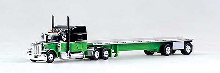 Trucks-N-Stuff Peterbilt 389 Tractor with 48 Spread-Axle Flatbed Trailer - Assembled Green, Black