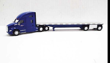 Trucks-N-Stuff Kenworth T680 Sleeper-Cab Tractor with Flatbed Trailer - Assembled System Transport (blue, silver)