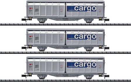 Trix Type Hbbillns Sliding-Wall Boxcar 3-Pack - Ready to Run - Minitrix Swiss Federal Railways SBB (Era VI, silver, blue, Cargo Logo) - N-Scale