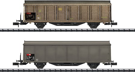 Trix Type Hbis-v Sliding-Wall Boxcar 2-Pack - Ready to Run - Minitrix Swiss Federal Railways SBB (Era V, weathered gray) - N-Scale