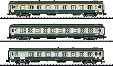 Trix Type A9 1st Class, B10 and B7D 2nd Class 3-Car Set - Ready to Run - Minitrix French State Railways SNCF (Orient Express Era IV 1987, green, gray) - N-Scale