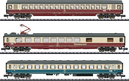 Trix IC 611 Gutenberg Coach, Diner, Compartment Car Set - Ready to Run - Minitrix German Federal Railroad DB (Era IV 1984, red, ivory and blue, ivory schemes) - N-Scale
