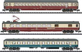 Trix IC 611 Gutenberg Coach, Diner, Compartment Car Set Ready to Run Minitrix German Federal Railroad DB (Era IV 1984, red, ivory and blue, ivory schemes) N-Scale