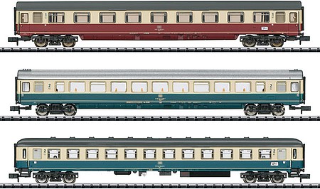 Trix IC 611 Gutenberg 2 Compartment and 1 Coach Set - Ready to Run - Minitrix German Federal Railroad DB (Era IV 1984, red, ivory and blue, ivory schemes) - N-Scale