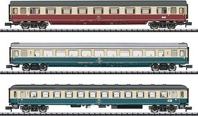 Trix IC 611 Gutenberg 2 Compartment and 1 Coach Set Ready to Run Minitrix German Federal Railroad DB (Era IV 1984, red, ivory and blue, ivory schemes) N-Scale