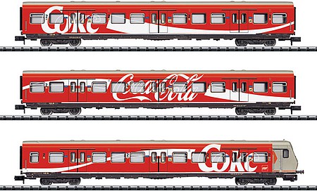 Trix S-Bahn Type Bxf 796.1 Cab Car, ABx 791.1, Bx 794.1 Coach Set - Ready to Run German Federal Railroad DB (Era V 1992, Coca-Cola Scheme, red, white) - N-Scale
