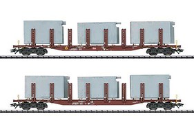 Trix Type Snps 719 4-Axle Flatcar with Bathing System Load 2-Pack Ready to Run German Railroad DB AG (Era IV, Boxcar Red)