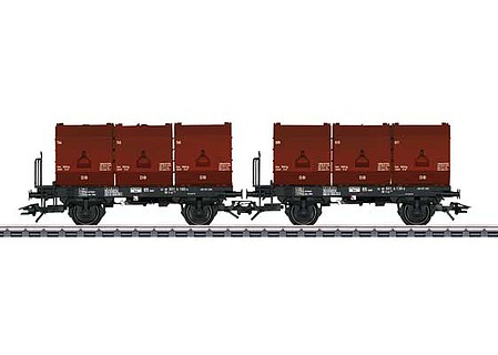 Trix 2-Axle Flatcar with 3 12 Cubic Meter Coke Containers 2-Pack - Ready to Run German Federal Railroad DB (Era IV, black, Boxcar Red)
