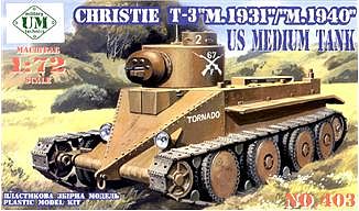 Unimodels Christie T3 Mod. 1931/1940 US Medium Tank Plastic Model Tank Kit 1/72 Scale #403