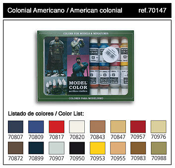 Vallejo American Colonial Model Color Paint Set (16 Colors) Hobby and Model Paint Set #70147