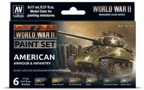 Vallejo WWII American Armour & Infantry Wargames Paint Set (6 Colors) Hobby and Model Paint Set #70203