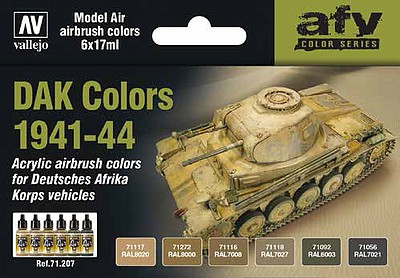 Vallejo DAK Vehicle Colors 1941-1944 Model Air (6 Colors) Hobby and Model Paint Set #71207