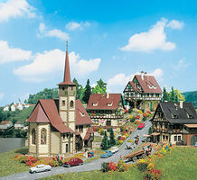 Vollmer Church w/Three Half Timbered Houses Kit N Scale Model Railroad Building #47734 Vollmer Church w/Three Half Timbered Houses Kit N Scale Model Railroad Building #47734