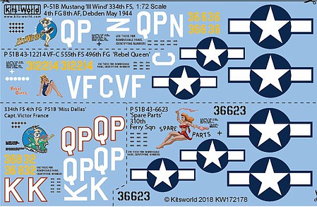Warbird P51B III, Rebel Queen VF-C, Miss Dallas, Spare Parts Plastic Model Decal Kit 1/72 #172178