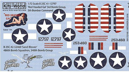 Warbird B25C Red Headed Gal 3rd/5th, Sand Blower 486th/340th Plastic Model Decal Kit 1/72 #172190