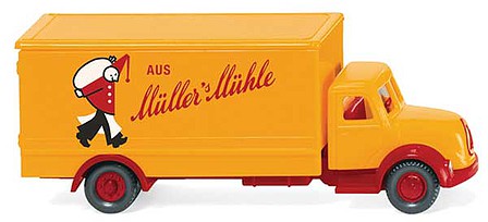 Wiking Magirus Sirius Box-Body Delivery Truck - Assembled Mullers Muhle (yellow, red, German Lettering) - N-Scale