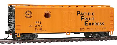 WalthersMainline 40 Double Sheathed Reefer w/Steel Roof/Ends - Ready to Run Pacific Fruit Express #66756 (orange, black, black UP & SP Lines Logos) - HO-Scale
