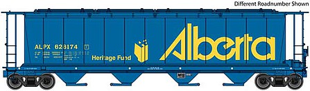 WalthersMainline 59 Cylindrical Hopper - Ready to Run Alberta ALPX #628267 (blue, yellow, Heritage Fund logo, large name)