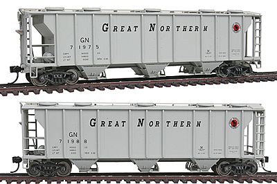 Walthers PS-2 2893 Cubic Foot 3-Bay Covered Hopper 2-Pack - Ready to Run - Gold Line(TM Great Northern #71975, 71988 (gray, Slanted Lettering) - HO-Scale (2)