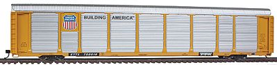 Walthers 89 Thrall Enclosed Tri-Level Auto Carrier - Ready to Run - Platinum Line(TM) Union Pacific(R) Rack #2763, Flat ETTX #702018 (yellow, Building America) - HO-Scale