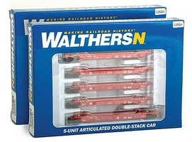 WalthersN 2-Pack 5-Unit Articulated 48' Well Car Canadian Pacific 524326, 524328 (Action Red, white) N-Scale WalthersN 2-Pack 5-Unit Articulated 48' Well Car Canadian Pacific 524326, 524328 (Action Red, white) N-Scale