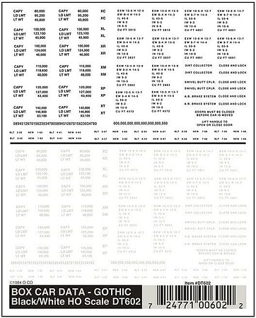 Woodland Dry Transfer Railroad Lettering HO Scale Gothic Freight Car Data (white, black) #602