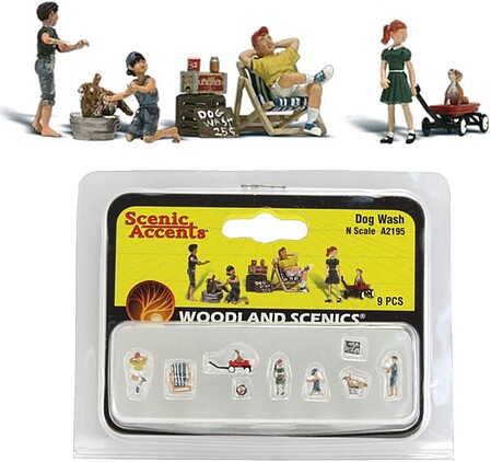 Woodland Scenic Accents Dog Wash (4 Figs, 2 Dogs & Accessories) N Scale Model Railroad Figure #a2195