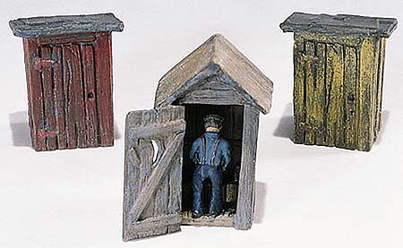 Woodland Outhouses (3) & Man HO Scale Model Railroad Building #d214