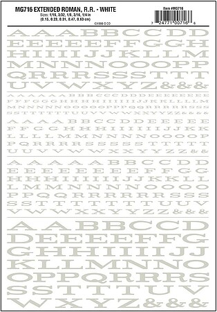 Woodland Extended Roman R.R. Letters White 1/16 - 1/4 Model Railroad Decal #mg716