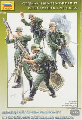 Zvezda German 120mm Mortar 42 w/Trailer/Crew WWII Plastic Model Military Figure 1/35 Scale #3583