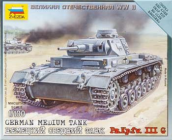 Zvezda German Tank Panzer III Plastic Model Tank Kit 1/100 Scale #6119