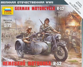 Zvezda German Motorcycle R-12 w/Sidecar Plastic Model Motorcycle Kit 1/72 Scale #6142