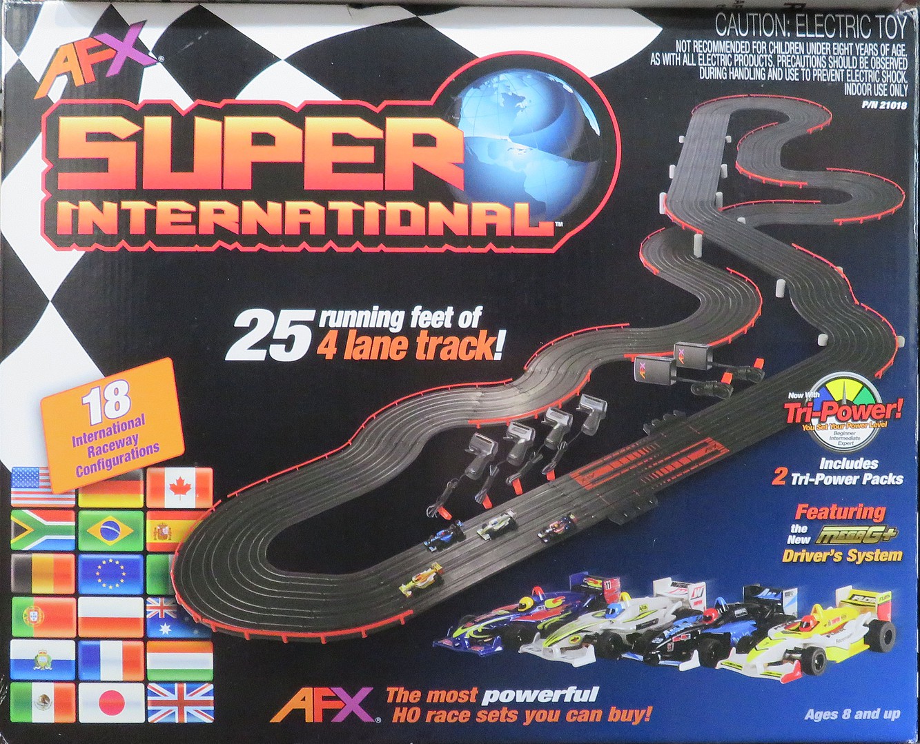 New AFX MegaG Super International Ho Slot Car Race Set Tri Power 21018 4 Lane 