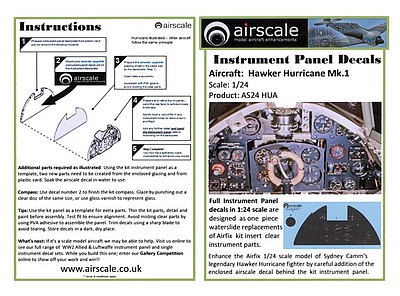 Airscale Hawker Hurricane Mk I Instrument Panel Plastic Model Aircraft Decal 1/24 Scale #2410