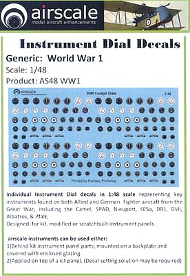 Airscale WWI Allied/German Instrument Dials (Decal) Plastic Model Aircraft Acc. Kit 1/48 Scale #4809