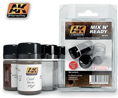 AK Mix N Ready 35ml Empty Jars w/Labels (4) Hobby and Model Paint Supply #616