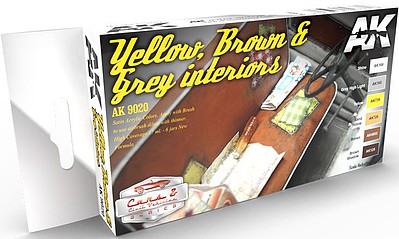AK Yellow, Brown & Grey Interiors Acrylic Set (6) 17ml Hobby and Model Paint Set #9020