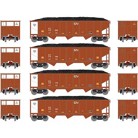 Athearn 40 3-Bay Ribbed Hopper With Load CC #1 (4) N Scale Model Train Freight Car Set #25577
