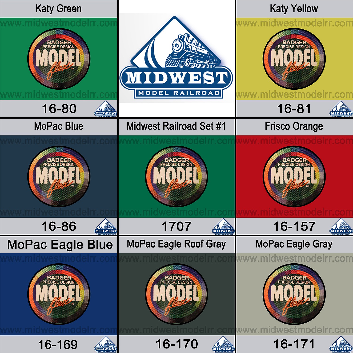 Badger Modelflex Midwest Railroad Colors Paint Set #1 Model Airbrush ...