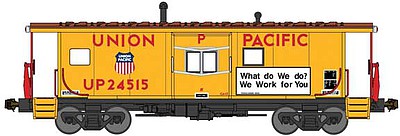 Bluford International Car Bay Window Caboose Phase 4 - Ready to Run Union Pacific 24515 (Armour Yellow, red, Boxcar Red, What do We do?..Slogan) - N-Scale