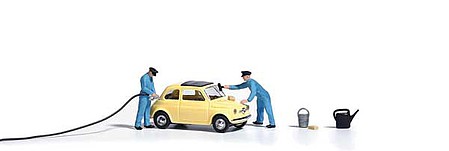 Busch Complete Miniature Scene Fill Er Up Gas Station Scene, Fiat 500, 2 Station Attendants, Accessories