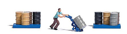 Busch Man with Barrel Cart Miniature Scene Man with Barrel Cart, 9 Steel Drums, 2 Barrel Platforms