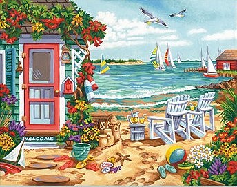 Dimensions Summertime Inlet (Beach, Chairs, House, Sailboats)(14x11) Paint by Number #91676