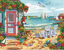 Summertime Inlet (Beach, Chairs, House, Sailboats)(14x11) Paint by Number #91676